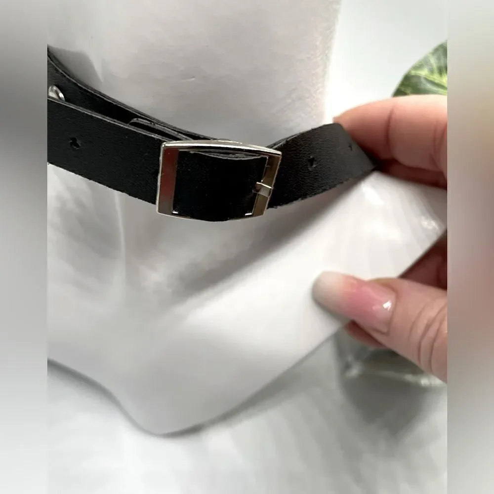Black Leather 2-piece l Silver-studded l Buckle Choker & Wristband Wrap l New